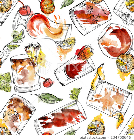 Watercolor seamless pattern of amber cocktails, mint leaves, citrus wheels, cherries outlined in ink. Tropical Tequila Sunrise, Mai Tai, Aperol Spritz hand drawn for wrapping paper or backgrounds. Watercolor seamless pattern of amber cocktails, mint leaves, citrus wheels, cherries outlined in ink. Tropical Tequila Sunrise, Mai Tai, Aperol Spritz hand drawn for wrapping paper or backgrounds. 134700646