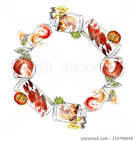 Negroni, Mai Tai, Tequila Sunrise, Bloody Mary and Aperol Spritz cocktails wreath, celery and pineapple in warm watercolor tones outlined in fine ink. Hand drawn for bar menus and product identity. Negroni, Mai Tai, Tequila Sunrise, Bloody Mary and Aperol Spritz cocktails wreath, celery and pineapple in warm watercolor tones outlined in fine ink. Hand drawn for bar menus and product identity. 134700649