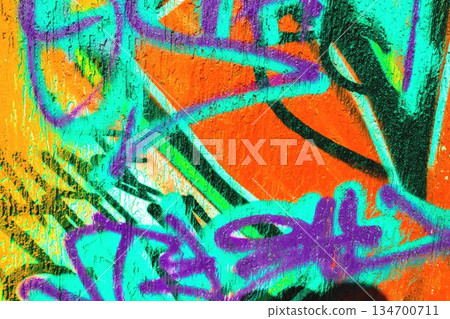 Abstract Graffiti Art with Bright Orange, Turquoise, Purple Spray Paint for Urban 90s, Y2K Street Style 134700711