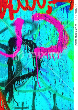 Neon Graffiti Art with Bright Pink, Black, Red on Blue Wall in Y2K, Acid Style 134700713