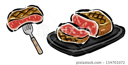 厚切三分熟牛排手繪插圖 134701072