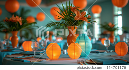 Vibrant tropical-themed table setting with orange lanterns and floral centerpieces in an indoor venue. Concept of festive celebration and exotic ambiance. 134701176