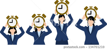 Illustration of a businesswoman holding a large clock in both hands 134701210