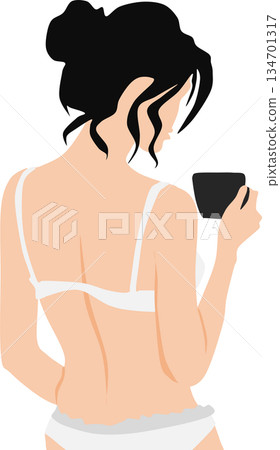 Illustration of a woman drinking morning coffee 134701317