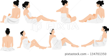 Illustration of a woman wrapped in a bath towel taking a bath 134701350