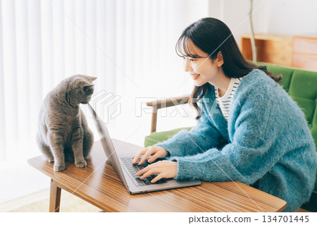 A cat peeking at a woman's computer 134701445