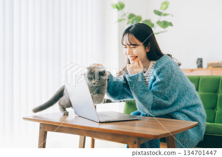 A cat looking at a computer with a woman 134701447