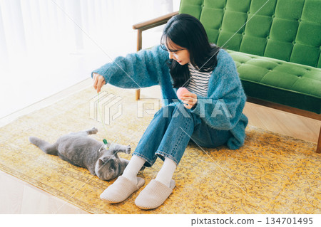 Woman playing with cat in living room 134701495