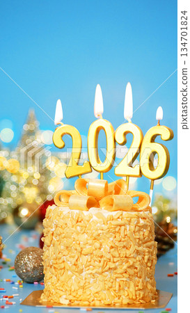 Happy New Year 2026, cute cake with golden ribbon with candle number 2026 for new year celebrate party was lit. decorated with Christmas ornament at blue background, vertical 134701824
