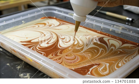 Artisan uses colors to create swirl patterns in a tray during a craft session Artisan uses colors to create swirl patterns in a tray during a craft session 134701888