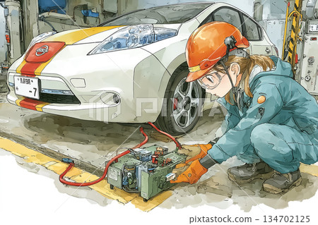 Female technician inspecting the high-voltage battery of an electric vehicle 134702125