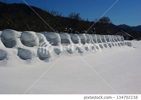 In winter, Kaida Plateau in Kiso Town, Nagano Prefecture, is home to snow-covered pastures, and beyond that you can see the snow-capped Mount Mitake. 134702138