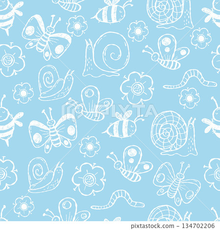 Outline Insects and Flowers Seamless Pattern. Hand-Drawn Ornament on light Blue Background. Template Textured Drawing doodle. Vector illustration. Not AI 134702206