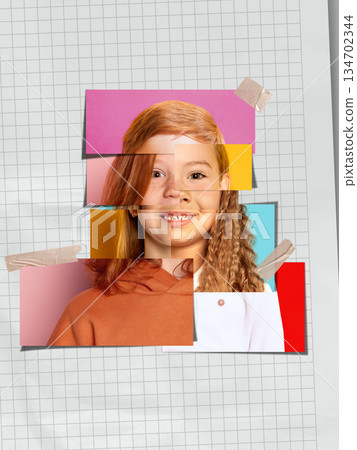 Creative abstract portrait with fragmented child face and paper layers. 134702344