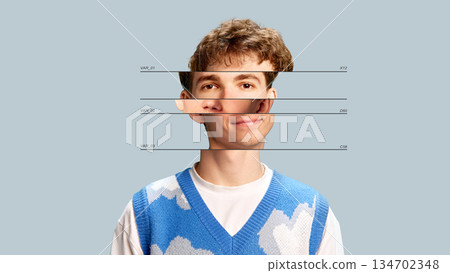 Deconstructed portrait artwork with sliced facial layers. Deconstructed portrait artwork with sliced facial layers. 134702348