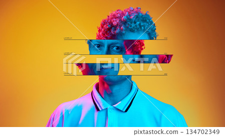 Abstract collage portrait with fragmented face and layered color lighting 134702349