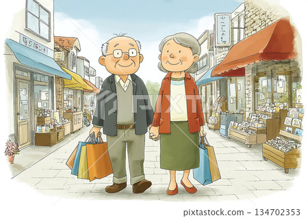 Senior couple enjoying shopping in the shopping district 134702353