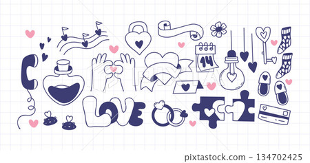 Valentine Love Doodle Set with Hearts, Gifts, Rings and Romantic Symbols. Isolated Hand Drawn Elements on a Checkered Background. Vector Illustration. Not AI 134702425