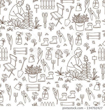 Rustic Seamless Pattern with Women Gardener and and Garden Decor. Outline Hand Drawn Female Character with Birdhouse, Fence and Tools on White Background. Vector Illustration. Not AI Rustic Seamless Pattern with Women Gardener and and Garden Decor. Outline Hand Drawn Female Character with Birdhouse, Fence and Tools on White Background. Vector Illustration. Not AI 134702427