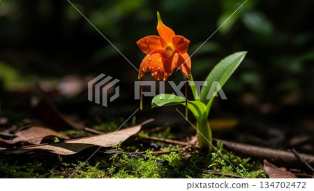 Orange Sarcochilus Orchid in Tropical Forest 4K AI 134702472