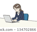 A female business person in a suit who is smiling and operating a laptop 134702866