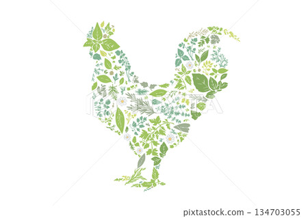 Chicken silhouette composed of herb patterns 134703055