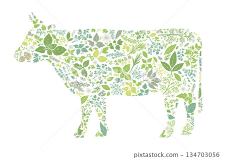 Cow silhouette made up of herb patterns 134703056
