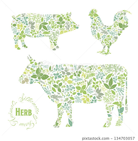 由草本植物圖案組成的牲畜輪廓 由草本植物圖案組成的牲畜輪廓 134703057