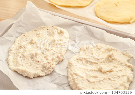 Tofu rice flour bread dough with sesame seeds 134703139
