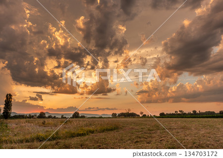 Sunset over a tranquil meadow with dramatic clouds and golden light illuminating the horizon Sunset over a tranquil meadow with dramatic clouds and golden light illuminating the horizon 134703172