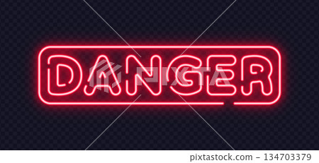 Red neon danger sign in bold vector design, ideal for warning messages and alert visuals. Strong illumination enhances contrast on dark scenes. Red neon danger sign in bold vector design, ideal for warning messages and alert visuals. Strong illumination enhances contrast on dark scenes. 134703379