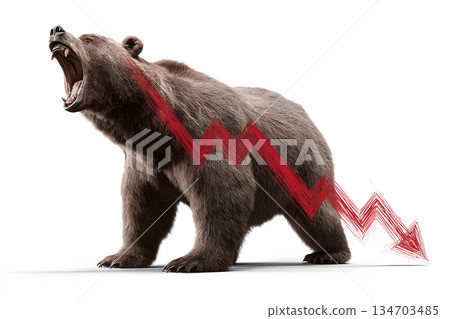 Illustration of a roaring bear and a falling graph. A business visual symbolizing falling stock prices and economic crisis. 134703485