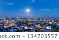 Areal panoramic view of Durres Albania. Full Moon Over Illuminated town At Night with Urban Sky Glow 134703557