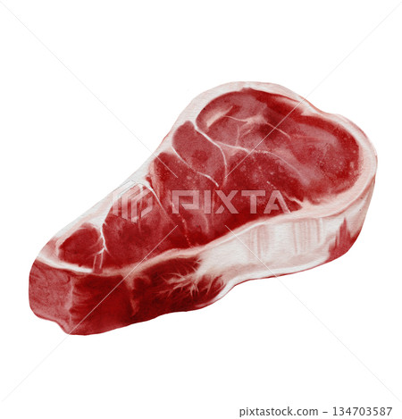 A piece of red fresh farm meat watercolor illustration. Food clip art. Hand-drawn organic cow, or pork, or lamb meat on a white background. Perfect for cookbook design, restaurant menus, and butcher A piece of red fresh farm meat watercolor illustration. Food clip art. Hand-drawn organic cow, or pork, or lamb meat on a white background. Perfect for cookbook design, restaurant menus, and butcher 134703587