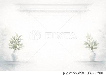 榊系列：一幅寧靜的日式背景畫，描繪了神道祭壇和榊木，以水彩繪製而成。 134703901