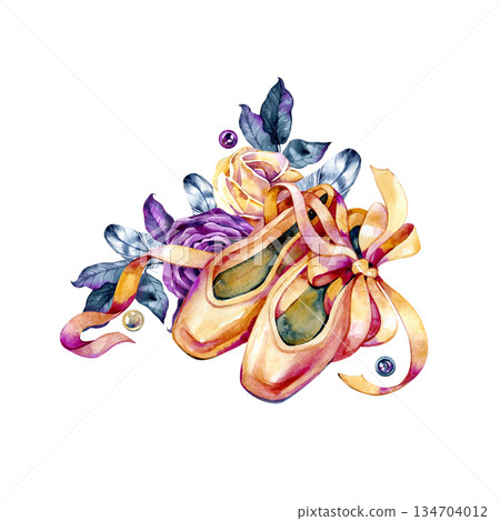 Elegant watercolor illustration set featuring ballet pointe shoes with flowing ribbons, roses, feathers and jewels. A romantic classical ballet theme perfect for feminine designs, stationery, decor Elegant watercolor illustration set featuring ballet pointe shoes with flowing ribbons, roses, feathers and jewels. A romantic classical ballet theme perfect for feminine designs, stationery, decor 134704012