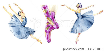 Graceful watercolor ballet set with elegant ballerinas in motion and detailed pointe shoes. Expressive poses capture classical ballet beauty, movement and femininity, ideal for art prints, posters Graceful watercolor ballet set with elegant ballerinas in motion and detailed pointe shoes. Expressive poses capture classical ballet beauty, movement and femininity, ideal for art prints, posters 134704013