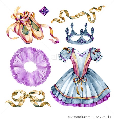 Watercolor ballet illustration set featuring pointe shoes, tutu dress, crown, ribbons, bow, gemstone and soft abstract accent. Hand painted elegant elements for ballet themes, kids designs, cards 134704014