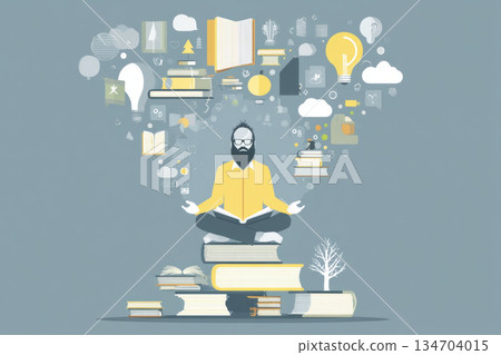 Man with beard and glasses meditates while sitting cross legged on stack of books, surrounded by floating books and light bulb ideas 134704015
