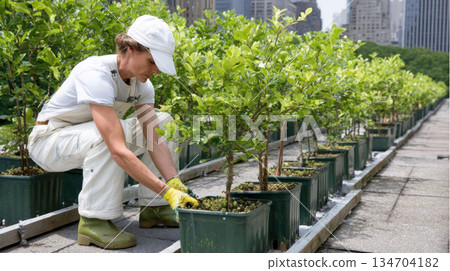 Gardener tending to young trees in pots on urban rooftop garden, focused on nurturing plants with care and dedication 134704182