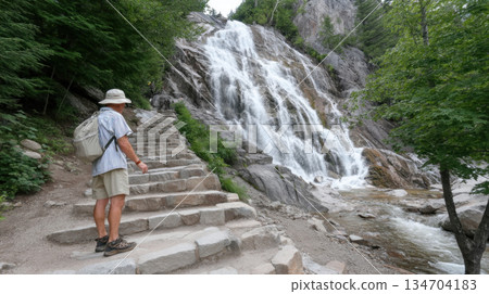 Man hiking near waterfall on stone stairs in forest with green trees and rocky terrain Man hiking near waterfall on stone stairs in forest with green trees and rocky terrain 134704183
