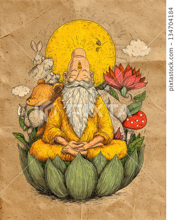 Meditating elderly man with long white beard sitting on lotus flower surrounded by nature elements and animals in peaceful harmony Meditating elderly man with long white beard sitting on lotus flower surrounded by nature elements and animals in peaceful harmony 134704184