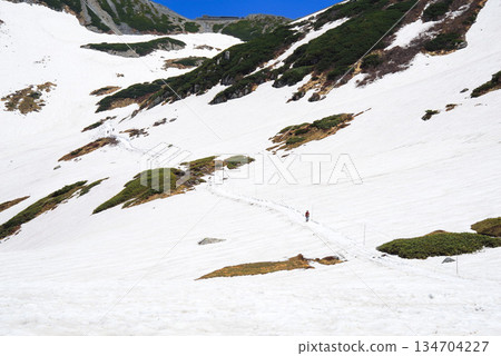 Early summer at Tateyama Murodo, climbers walking along snow-covered paths (Northern Alps, spring mountain climbing) 134704227