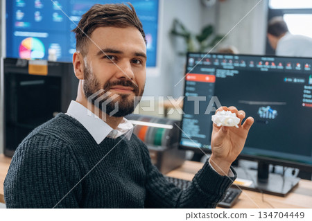Man is in the modern office, one person 134704449