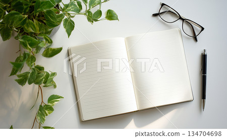 筆記本和原子筆、盆栽植物、眼鏡 134704698