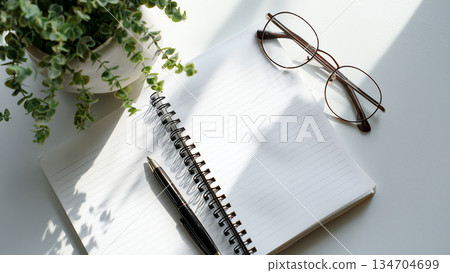 Notebook and ballpoint pen, houseplant, glasses 134704699