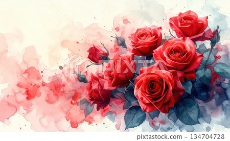 Red roses with watercolor splashes create vibrant and artistic floral composition Red roses with watercolor splashes create vibrant and artistic floral composition 134704728