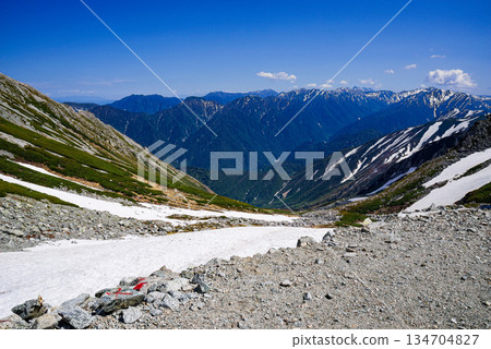 Spectacular view of the great valley and mountain ranges from Mount Tateyama in the Northern Alps (view from Ichinogoe and hiking trail) Spectacular view of the great valley and mountain ranges from Mount Tateyama in the Northern Alps (view from Ichinogoe and hiking trail) 134704827