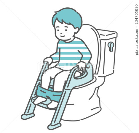 Illustration of a boy toilet training using a booster seat and step (toilet training, success) 134705050