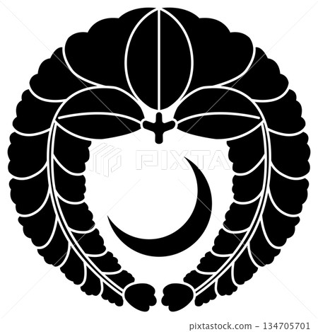 This is the family crest, a crescent moon with a hanging wisteria. This is the family crest, a crescent moon with a hanging wisteria. 134705701